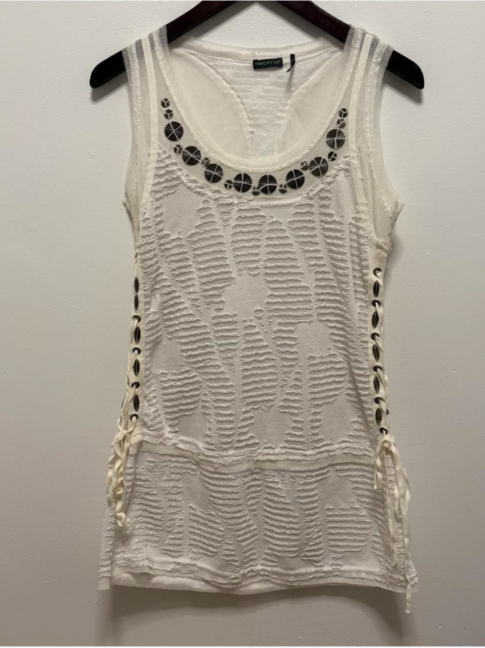Tricotto white tank top with metal circular embellishments